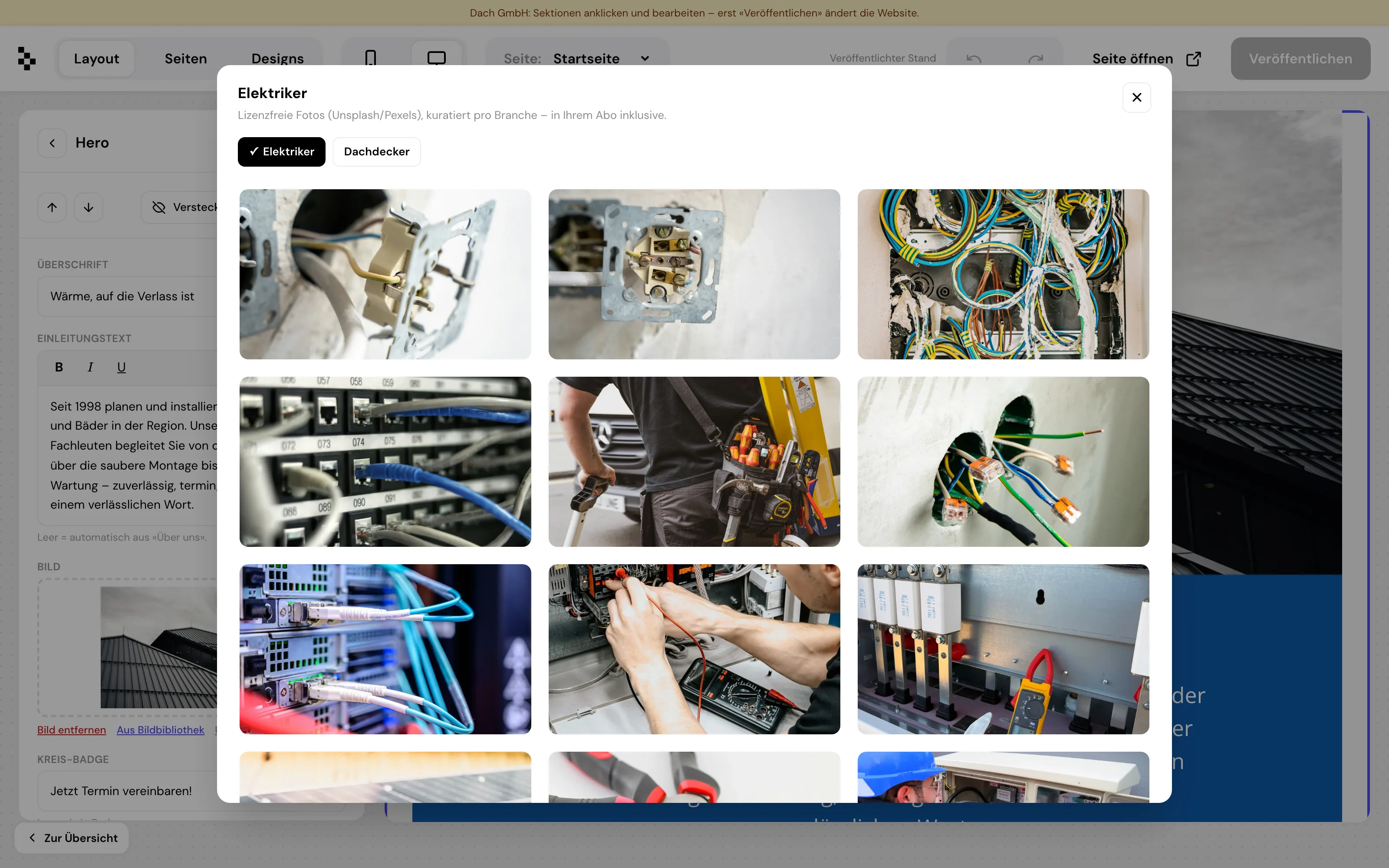 Die Bildbibliothek im gwerbo-Builder mit kuratierten Branchen-Fotos zur Auswahl