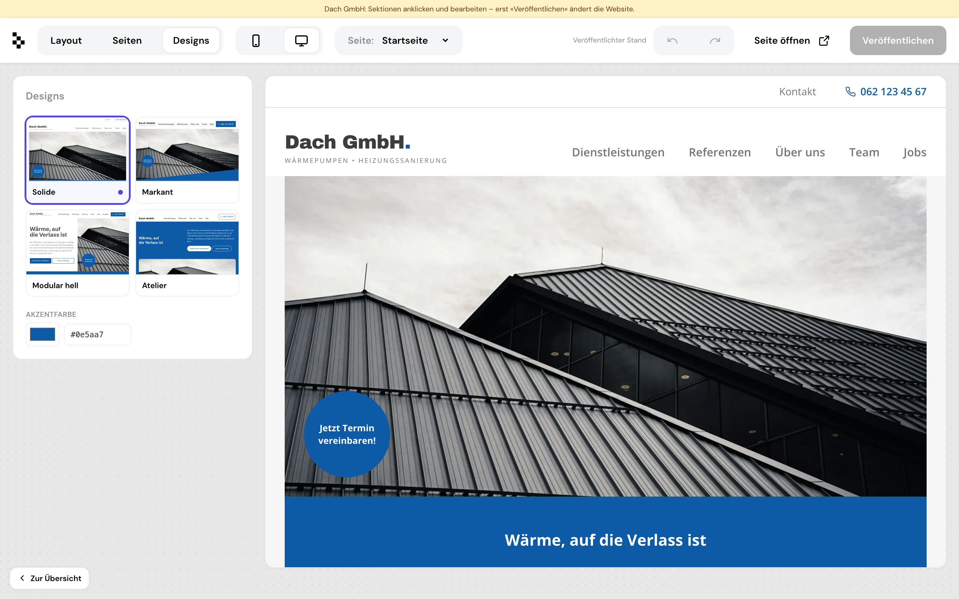 Der Designs-Bereich im gwerbo-Builder: vier Designlinien und die Akzentfarbe zum Umschalten