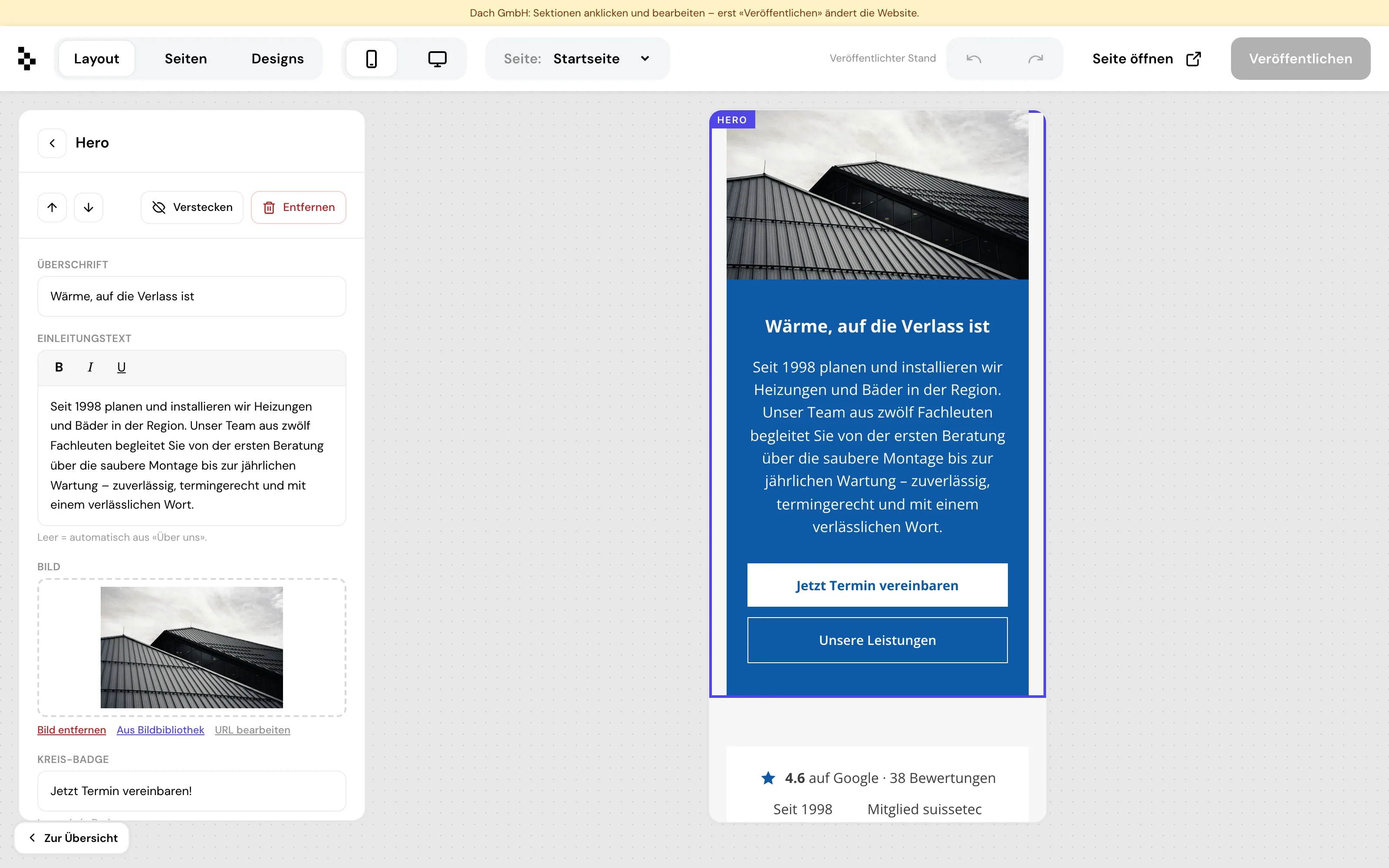 Die Handy-Vorschau im gwerbo-Builder: die Website in der Smartphone-Ansicht