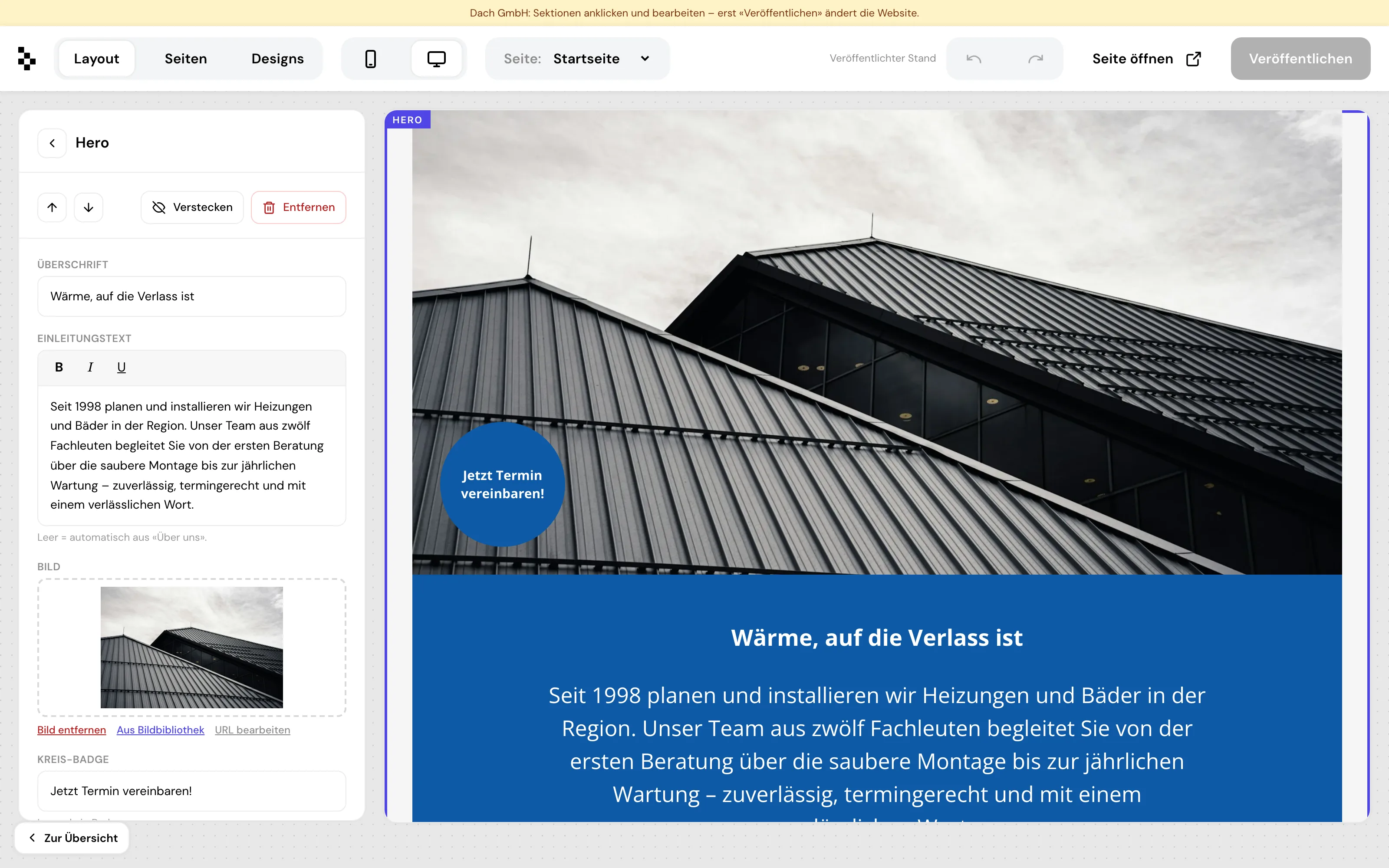 Der gwerbo-Builder mit geöffnetem Textformular einer Sektion und Live-Vorschau daneben